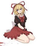  1girl black_shirt blonde_hair blood blood_on_hands blood_splatter blue_eyes bow collarbone formicid frilled_skirt frilled_sleeves frills full_body hair_between_eyes hair_ribbon highres medicine_melancholy open_mouth puffy_short_sleeves puffy_sleeves red_bow red_ribbon red_skirt ribbon shirt short_hair short_sleeves simple_background skirt solo touhou white_background wrist_cuffs 