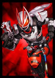  1boy animal_ears armor black_bodysuit bodysuit boost_buckle compound_eyes dashing desire_driver driver_(kamen_rider) fox_ears fox_mask gloves gun highres holding holding_gun holding_weapon kamen_rider kamen_rider_geats kamen_rider_geats_(series) kitsune leg_armor leg_up magnum_boost magnum_buckle magnum_shooter_40x male_focus mask masukudo_(hamamoto_hikaru) orange_eyes red_armor red_background running scarf solo tokusatsu walking weapon white_armor white_scarf 