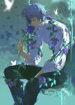  1boy arm_vines black_pants blurry blurry_background blurry_foreground bug butterfly flower fuwa_minato highres holding holding_flower leaf long_sleeves looking_down multicolored_hair nijisanji no_aid outdoors pants parted_lips plant purple_flower purple_hair purple_rose rolled_up rose sleeves_rolled_up streaked_hair sweater swing vines virtual_youtuber white_butterfly white_sweater 