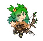  &gt;_o 1girl :3 anna_(epic_battle_fantasy) belt_boots blush blush_stickers blush_visible_through_hair boots bow_(weapon) breasts brown_dress detached_sleeves dress epic_battle_fantasy eyes_visible_through_hair green_eyes green_hair hair_bobbles hair_ornament hair_over_one_eye holding holding_bow_(weapon) holding_weapon long_hair looking_at_viewer medium_dress no_sclera one_eye_closed pouch smoke_(killscreen_s) solo transparent_background v weapon 