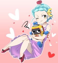  1girl black_eyes blue_hair blush blush_stickers bokyami_(heybot!) bow braid brown_bow commentary_request crown_braid dress footwear_bow full_body heart heybot! heybot_(character) lets0020 looking_at_viewer object_through_head one_eye_closed open_mouth pink_background purple_dress red_footwear robot screw screw_in_head sleeveless sleeveless_dress smile solo squiggle yellow_eyes 