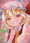  1girl absurdres ascot blonde_hair cherry_blossoms finger_to_mouth flandre_scarlet hat hat_ribbon highres light_blush looking_at_viewer reaching reaching_towards_viewer red_eyes red_ribbon ribbon rokka_(rokka937) side_ponytail smile solo touhou upper_body white_mob_cap yellow_ascot 