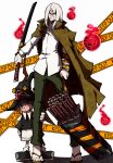  1boy 1girl absurdres angela_leon bag brown_eyes brown_hair caution_tape child collared_jacket collared_shirt green_pants hat highres hitodama holding holding_leg holding_sword holding_weapon jacket jacket_on_shoulders kekel living_clothes long_hair mifune_(soul_eater) mouth_hold multiple_swords open_clothes open_jacket pants protecting red_eyes sandals shirt soul_eater stalk_in_mouth sword weapon weapon_bag white_background white_hair white_shirt witch witch_hat 