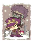  3boys belt black_hair blush brown_eyes brown_scarf chain chibi chibi_only coat earrings green_scarf grey_shirt hat jewelry jojo_no_kimyou_na_bouken kakyoin_noriaki kotorai kujo_jotaro male_focus multiple_boys pants pink_hair plaid plaid_scarf purple_coat purple_hat purple_pants scarf shirt short_hair snow snowing solid_oval_eyes stand_(jojo) star_platinum utility_pole 