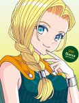  1girl bare_shoulders bianca_(dq5) blonde_hair blue_eyes bracelet braid breasts cape character_name closed_mouth commentary dragon_quest dragon_quest_v dress eri_kamijo gradient_background green_dress hair_over_shoulder jewelry light_blush long_hair looking_at_viewer medium_breasts nail_polish orange_cape single_braid sleeveless sleeveless_dress smile solo twitter_username upper_body yellow_background yellow_nails 