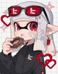  bandaid black_shirt doughnut earrings eating food heart highres inkling inkling_girl inkling_player_character jewelry looking_at_viewer pointy_ears red_eyes sahata_saba shirt simple_background splatoon_(series) sunglasses tentacle_hair toni_kensa_(splatoon) white_background white_hair 