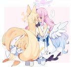  2girls angel_wings animal_ears blonde_hair blue_archive blush commentary_request cropped_legs dress eyes_visible_through_hair feathered_wings fox_ears fox_tail halo kiss long_hair mika_(blue_archive) multiple_girls open_mouth pantyhose pink_hair pink_halo seia_(blue_archive) striped_clothes striped_pantyhose tail thought_bubble vertical-striped_clothes vertical-striped_pantyhose very_long_hair white_dress white_pantyhose white_wings wings yellow_eyes yellow_halo yun_(dust-i1) yuri 