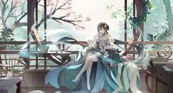  1girl absurdres aqua_collar aqua_dress aqua_gloves bead_necklace beads black_hair chinese_clothes clothing_cutout dress gloves green_gloves highres honkai:_star_rail honkai_(series) jewelry jiu_dao_fan_yin multicolored_hair necklace panorama pearl_necklace ruan_mei_(honkai:_star_rail) shoulder_cutout solo streaked_hair 