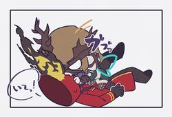  1boy 1other aqua_wings biting blonde_hair capelet chibi clock dante_(limbus_company) dress e.g.o_(project_moon) earmuffs fairy_wings fang fire green_dress hagan_tw holding holding_staff lantern_(e.g.o) limbus_company long_sleeves object_head open_mouth plant_roots project_moon sinclair_(project_moon) skin_fang speech_bubble staff translated white_capelet wings 