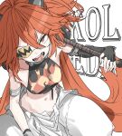  1girl breasts character_name drooling eyepatch fangs fingerless_gloves gloves highres holding holding_weapon koleda_belobog long_hair looking_at_viewer mangpum_(taro109210) midriff mouth_drool navel open_mouth orange_eyes orange_hair small_breasts solo squatting very_long_hair weapon white_background zenless_zone_zero 