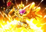  2018 2019 2boys absurdres alternate_costume apocalypse arm_up armor aura back-to-back belt black_armor black_footwear black_gloves blue_sky bodysuit boots clenched_hand clock clock_hands commentary_request compound_eyes cowboy_shot dated driver_(kamen_rider) gloves glowing glowing_eyes gold_armor gold_trim grand_zi-o_rider_watch helmet highres horns imminent_fight kamen_rider kamen_rider_555 kamen_rider_agito kamen_rider_agito_(series) kamen_rider_blade kamen_rider_blade_(series) kamen_rider_build kamen_rider_build_(series) kamen_rider_dcd kamen_rider_decade kamen_rider_den-o kamen_rider_den-o_(series) kamen_rider_double kamen_rider_drive kamen_rider_drive_(series) kamen_rider_ex-aid kamen_rider_ex-aid_(series) kamen_rider_faiz kamen_rider_fourze kamen_rider_fourze_(series) kamen_rider_gaim kamen_rider_gaim_(series) kamen_rider_ghost kamen_rider_ghost_(series) kamen_rider_grand_zi-o kamen_rider_hibiki kamen_rider_hibiki_(series) kamen_rider_kabuto kamen_rider_kabuto_(series) kamen_rider_kiva kamen_rider_kiva_(series) kamen_rider_kuuga kamen_rider_kuuga_(series) kamen_rider_ooo kamen_rider_ooo_(series) kamen_rider_ryuki kamen_rider_ryuki_(series) kamen_rider_w kamen_rider_wizard kamen_rider_wizard_(series) kamen_rider_zi-o kamen_rider_zi-o_(series) kamen_rider_zi-o_ouma kamen_rider_zi-o_the_movie:over_quartzer kuuga_riderwatch loincloth long_coat male_focus metal multiple_boys official_alternate_costume open_hand otokamu ouma_zi-o ouma_zi-o_rider_watch pink_eyes powering_up red_eyes rider_belt rider_watch saikyo_zikan_girade shoulder_armor single_horn sky spotlight standing summoning sword throne time_paradox time_travel tokusatsu trait_connection type_tridoron waistcoat weapon ziku_driver 