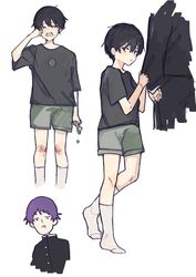  2boys age_difference aged_down ayato_(zettai_bl) black_eyes black_hair brothers chibi chibi_inset child closed_eyes closed_mouth commentary cropped_legs cropped_torso crying facing_viewer full_body gakuran green_shorts grey_shirt hand_up hands_up highres holding holding_toothbrush looking_at_viewer male_focus multiple_boys no_shoes noyane open_mouth protagonist_(zettai_bl) pulling_another&#039;s_clothes purple_hair school_uniform shirt short_hair short_sleeves shorts siblings simple_background socks straight-on streaming_tears t-shirt tearing_up tears teeth three_quarter_view toothbrush upper_teeth_only very_short_hair white_background white_socks wiping_tears zettai_bl_ni_naru_sekai_vs_zettai_bl_ni_naritakunai_otoko 