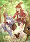  1girl :o animal_on_head backpack bag blue_eyes braid brown_footwear brown_hair bug butterfly cat day grass green_eyes handbag highres jacket long_hair on_head original outdoors red_jacket red_ribbon ribbon running shirt sign skirt squirrel tree tsukina_natsuki vial white_shirt yellow_butterfly 