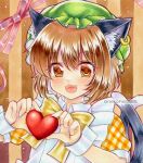  1girl :3 :d alternate_costume animal_ear_fluff animal_ear_piercing animal_ears blush bow bowtie brown_background brown_eyes brown_hair cat_ears cat_tail chen commentary_request double-parted_bangs earrings eyelashes fang fingernails frills green_hat hair_between_eyes hands_up hat heart holding holding_heart jewelry looking_at_viewer mob_cap multiple_tails nekofish666 nekomata open_mouth plaid_clothes plaid_shirt puffy_short_sleeves puffy_sleeves shirt short_hair short_sleeves simple_background single_earring smile solo tail touhou traditional_media two_tails unmoving_pattern upper_body wing_collar wrist_cuffs yellow_bow yellow_bowtie 