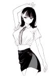  1girl arms_up bad_id bad_pixiv_id belt black_hair black_skirt bolo_tie breasts collared_shirt dende_(dndn222) earrings greyscale gucci hair_behind_ear highres jewelry large_breasts medium_hair monochrome original scan scan_artifacts shirt skirt solo standing stomach tied_shirt traditional_media 