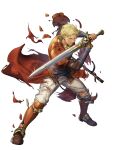  1boy armor armored_boots blonde_hair boots broken_armor dark-skinned_male dark_skin fire_emblem fire_emblem:_the_sacred_stones fire_emblem_heroes full_body glen_(fire_emblem) highres holding holding_sword holding_weapon male_focus non-web_source official_art p-nekor pants red_armor sword torn_clothes transparent_background weapon white_pants yellow_eyes 