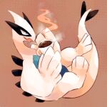  blue_eyes brown_background coffee commentary_request cup fang full_body holding holding_cup lugia no_humans open_mouth pokemon pokemon_(creature) pokemon_focus satan_(zoroa553) simple_background smile solo 