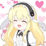  1girl :d ^_^ alice_cartelet black_hairband blonde_hair center_frills closed_eyes collared_shirt commentary_request cosplay fleur_de_lapin_uniform frilled_hairband frills gochuumon_wa_usagi_desu_ka? hairband heart kin-iro_mosaic long_hair mitya puffy_short_sleeves puffy_sleeves shirt short_sleeves simple_background smile solo uniform upper_body waitress white_background white_shirt 