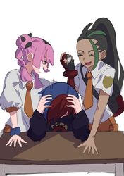  black_hair blue_hair closed_eyes collared_shirt coral_(pokemon) dark-skinned_female dark_skin desk fang glasses gloves green_hair grey_eyes hair_ornament hand_on_own_head highres holding holding_poke_ball hood ida_(idalol490) multicolored_hair naranja_academy_(emblem) naranja_academy_school_uniform necktie nemona_(pokemon) open_mouth orange_necktie orange_shorts penny_(pokemon) pink_hair poke_ball poke_ball_(basic) pokemon pokemon_(anime) pokemon_horizons ponytail redhead round_eyewear school_desk school_uniform shirt short_hair shorts smile twintails two-tone_hair 