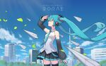  1girl album_cover aqua_eyes aqua_hair aqua_necktie bare_shoulders black_skirt black_thighhighs blurry blurry_foreground cityscape clouds commentary cover cowboy_shot day detached_sleeves falling_leaves hair_ornament hand_up hatsune_miku headphones headset highres leaf long_hair looking_up miniskirt necktie otomika outdoors paper_airplane pleated_skirt shading_eyes shirt shoulder_tattoo skirt sky sleeveless sleeveless_shirt smile solo standing tattoo thigh-highs tower tree twintails very_long_hair vocaloid white_sleeves zettai_ryouiki 