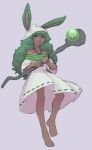  1girl animal_ears barefoot commentary dark-skinned_female dark_skin dress druid_rabbit english_commentary expressionless full_body green_eyes green_hair grey_background holding holding_staff long_hair looking_at_viewer mage_staff medium_bangs off-shoulder_dress off_shoulder open_mouth rabbit_and_steel rabbit_ears rabbit_girl ribbon-trimmed_dress simple_background sofiaakebia solo staff white_dress 