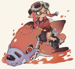  1girl black_footwear black_gloves closed_mouth commentary eyebrow_cut gloves goggles goggles_on_head grey_eyes highres inkling inkling_girl inkling_player_character jacket long_hair paint pointy_ears red_eyes red_jacket redhead reefslider_(splatoon) shark shoes solo splatoon_(series) splatoon_3 tentacle_hair yattpki3wfyvsm5 