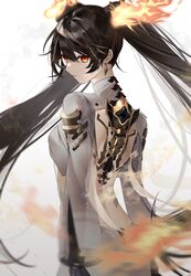  1girl absurdres backless_shirt black_hair fiery_hair fire_hair_ornament highres leggings long_hair long_sleeves lucia:_oathblaze_(punishing:_gray_raven) lucia_(punishing:_gray_raven) mechanical_spine midriff nellku24 parted_lips punishing:_gray_raven red_eyes shirt solo twintails very_long_hair white_leggings white_shirt 