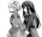  2girls blush closed_mouth from_side greyscale hair_ribbon highres holding_hands inoue_takina jenjen long_sleeves lycoris_recoil lycoris_uniform medium_hair monochrome multiple_girls nishikigi_chisato one_side_up profile ribbon upper_body yuri 