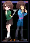  2others aqua_shorts aqua_sweater black_footwear black_pantyhose blunt_bangs blunt_ends bob_cut brown_footwear brown_hair brown_shorts chara_(undertale) child closed_eyes commentary_request covered_mouth english_text frisk_(undertale) full_body gameplay_mechanics green_sweater grin hair_behind_ear hand_up hands_up heart heart_hands heart_in_heart_hands heart_necklace highres holding holding_knife index_finger_raised jewelry knife leftporygon long_sleeves looking_at_viewer multiple_others necklace pantyhose pink_sweater red_eyes short_hair shorts smile socks standing striped_clothes striped_sweater sweater turtleneck turtleneck_sweater undertale white_socks window_(computing) yellow_sweater 