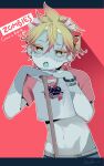  1boy absurdres blonde_hair colored_skin hair_ornament heart highres kagamine_len looking_at_viewer multicolored_hair open_mouth red_eyes redhead shirt short_hair short_sleeves solo stitched_face stitches syiga symbol-shaped_pupils vocaloid zombie zombie_(vocaloid) 