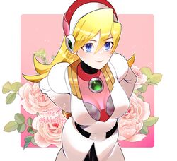  1girl alia_(mega_man) android armor blonde_hair blue_eyes border breasts chest_jewel coat flower lab_coat medium_breasts mega_man_(series) mega_man_x_(series) pink_armor pink_flower rikka_(user_hruv2435) robot_girl solo twitter_username white_border white_coat 