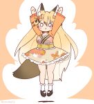  1girl animal_ears arms_up blonde_hair coroha dress extra_ears ezo_red_fox_(kemono_friends) fox_ears fox_girl fox_tail full_body jumping kemono_friends long_hair looking_at_viewer orange_background ribbon shoes simple_background socks solo tail 