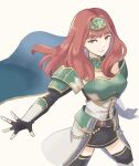  1girl armor black_gloves blue_cape blunt_bangs cape celica_(fire_emblem) celica_(fire_emblem)_(valentia&#039;s_hope) earrings feet_out_of_frame fire_emblem fire_emblem_heroes gloves green_armor highres jewelry leg_armor looking_at_viewer official_alternate_costume simple_background smile solo tea6043 white_background 
