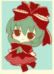  1girl bow dress frilled_dress frilled_ribbon frills front_ponytail full_body fumo_(doll) green_hair hair_bow hair_ribbon highres kagiyama_hina puffy_short_sleeves puffy_sleeves red_bow red_dress red_ribbon rei_(tonbo0430) ribbon short_sleeves solo touhou 