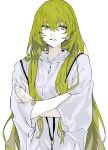  1other androgynous crossed_arms enkidu_(fate) fate/grand_order fate_(series) frown green_hair hair_between_eyes highres kingu_(fate) long_hair nonobe9781 robe simple_background solo upper_body very_long_hair violet_eyes white_background white_robe 