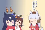  3girls :3 ? animal_ears black_hair blue_ribbon bow bowl brown_background brown_hair brown_hat chibi closed_mouth ear_bow ear_covers food gold_ship_(umamusume) gomashio_(goma_feet) gradient_background grey_background grey_hair hair_ribbon hat holding holding_bowl horse_ears horse_girl horse_tail jacket jitome lightning_bolt_symbol long_hair long_sleeves mini_hat multicolored_hair multiple_girls purple_bow red_jacket ribbon sleeves_past_wrists tail track_jacket translation_request twintails two-tone_hair umamusume v-shaped_eyebrows verxina_(umamusume) very_long_hair violet_eyes vivlos_(umamusume) white_hair 