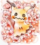  colored_skin commentary_request flower franyan_oxo highres mimikyu no_humans petals pink_flower pokemon pokemon_(creature) solid_oval_eyes tail wavy_mouth yellow_skin 