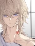  1boy absurdres aqua_eyes aventurine_(honkai:_star_rail) blonde_hair blurry blurry_background closed_mouth crossed_bangs dirty dirty_face hair_between_eyes highres honkai:_star_rail honkai_(series) looking_at_viewer male_focus mnce_o multicolored_eyes neck_tattoo solo tattoo torn_clothes upper_body violet_eyes 