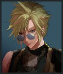  1boy armor blonde_hair blue_background blue_eyes brown_gloves closed_mouth cloud_strife earrings final_fantasy final_fantasy_vii final_fantasy_vii_rebirth final_fantasy_vii_remake gloves hair_between_eyes hand_on_own_neck highres jewelry looking_at_viewer male_focus ruka_ika short_hair shoulder_armor single_bare_shoulder single_earring single_shoulder_pad sleeveless sleeveless_turtleneck solo spiky_hair sunglasses turtleneck upper_body 