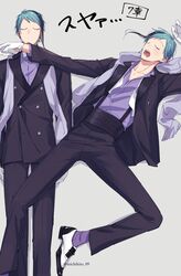  2boys black_suit blue_hair brothers closed_eyes drooling floyd_leech grey_background highres jade_leech lying male_focus michihito mouth_drool multiple_boys on_back sharp_teeth short_hair siblings simple_background sleeping suit suspenders teeth translation_request twins twisted_wonderland 