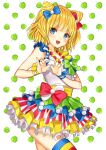  1girl :d apple blonde_hair blue_bow blue_eyes blunt_bangs bow cowboy_shot double_bun dress food fruit gambe green_apple hair_bow hair_bun hands_up heart heart_hands idol_clothes layered_dress looking_at_viewer minami_mirei multicolored_clothes multicolored_dress open_mouth pretty_series pripara red_bow short_hair sleeveless sleeveless_dress smile solo standing thigh-highs 