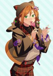  1boy :p absurdres animal_ear_headwear animal_ears aoi_yuta asymmetrical_sleeves beanie belt between_fingers bishounen black_belt black_hat black_hoodie blue_background candy candy_hair_ornament cat_ears diagonal_striped_background ensemble_stars! fake_animal_ears food food-themed_hair_ornament green_eyes hair_between_eyes hair_ornament hands_up hat hat_tassel heart heart-shaped_lollipop heidbd highres holding holding_candy holding_food holding_lollipop hood hood_down hoodie lapels layered_clothes leaning_forward licking lollipop looking_at_viewer male_focus mismatched_sleeves necktie o-ring o-ring_belt open_clothes open_hoodie orange_hair pants plaid_clothes plaid_collar plaid_pants purple_necktie shaped_lollipop shirt_tucked_in sideways_glance standing striped_background three_quarter_view tongue tongue_out wrapped_candy zipper 