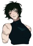  1girl bare_arms black_hair black_shirt blue_eyes burn_scar highres jujutsu_kaisen muscular muscular_female one_eye_closed parted_lips porqueloin scar scar_across_eye shirt short_hair simple_background sleeveless sleeveless_shirt solo teeth too_many too_many_scars turtleneck upper_body white_background zen&#039;in_maki 