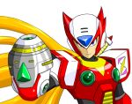  1boy android arm_cannon armor blonde_hair blue_eyes chest_jewel highres long_hair looking_at_viewer mega_man_(series) mega_man_x_(series) red_armor smile solo weapon zam-8192 zero_(mega_man) zero_buster 