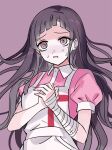  1girl apron collared_shirt d: danganronpa_(series) danganronpa_2:_goodbye_despair long_hair migi_(user_juhu3444) mole mole_under_eye own_hands_together pink_background pink_eyes pink_shirt shirt simple_background solo sweat tsumiki_mikan upper_body white_apron 