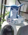  animal_focus blue_eyes blue_fur blue_sclera closed_mouth colored_sclera glaceon in_basket indoors laundry laundry_basket looking_at_viewer lying mirror nagasaki_wonderful no_humans pokemon pokemon_(creature) sitting solo solo_focus two-tone_fur washing_machine 