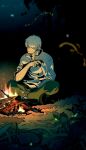  1boy brown_pants campfire cigarette crossed_legs ginko hair_over_one_eye highres holding holding_cigarette log looking_to_the_side male_focus mushishi night pants plant rokudenaru shirt solo twig white_hair white_shirt 