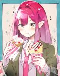  1girl :t baobhan_sith_(fate) blazer blue_background blush closed_mouth earrings eating fate/grand_order fate_(series) food food_on_face grey_eyes hands_up highres holding holding_food holding_ice_cream ice_cream iris_(tb33064667) jacket jewelry long_hair long_sleeves multicolored_background nail_polish necktie open_clothes open_jacket pink_hair pink_necktie pointy_ears red_nails school_uniform sidelocks solo star_(symbol) upper_body white_background 