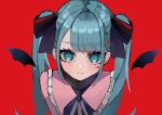  1girl :t blue_eyes blue_hair bow facial_mark frilled_shirt_collar frills hair_bow hatsune_miku heart heart_facial_mark highres long_hair looking_at_viewer mask_pull mini_wings red_background rei_(rei_270) solo twintails vampire_(vocaloid) vocaloid wings 