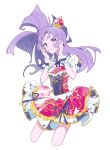  1girl aikatsu! aikatsu!_(series) bad_id bad_twitter_id blunt_bangs breasts cowboy_shot cropped_legs crown dress floating_hair hands_on_own_face highres hikami_sumire idol_clothes long_hair looking_at_viewer puffy_short_sleeves puffy_sleeves purple_hair purple_ribbon red_dress ribbon shiontaso short_sleeves simple_background small_breasts solo standing violet_eyes white_background wrist_cuffs 